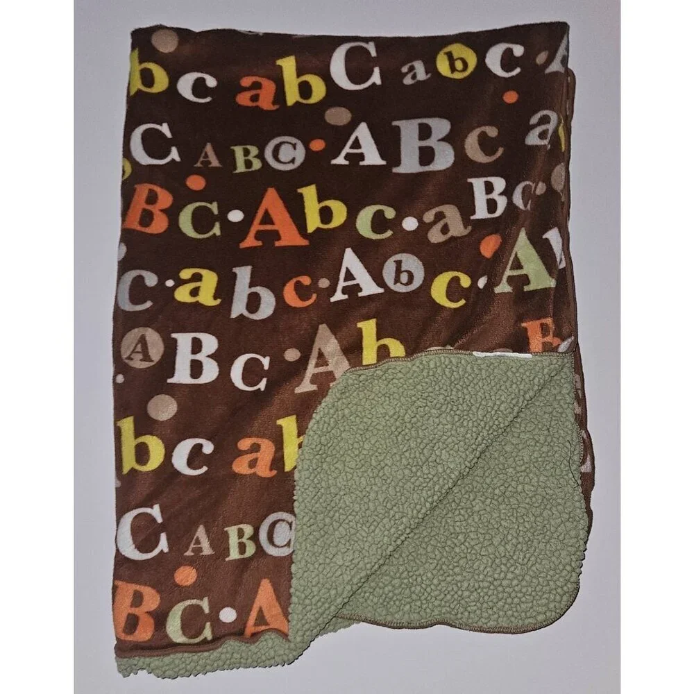 ABC Letters Alphabet Brown Green Fleece Baby Blanket 29x38